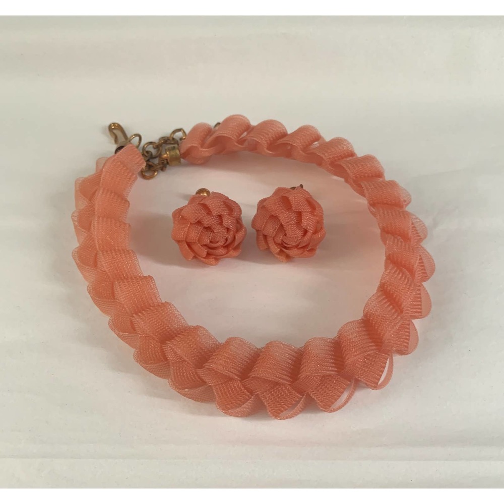 Coral Ribbon Braid Necklace Earrings Set
